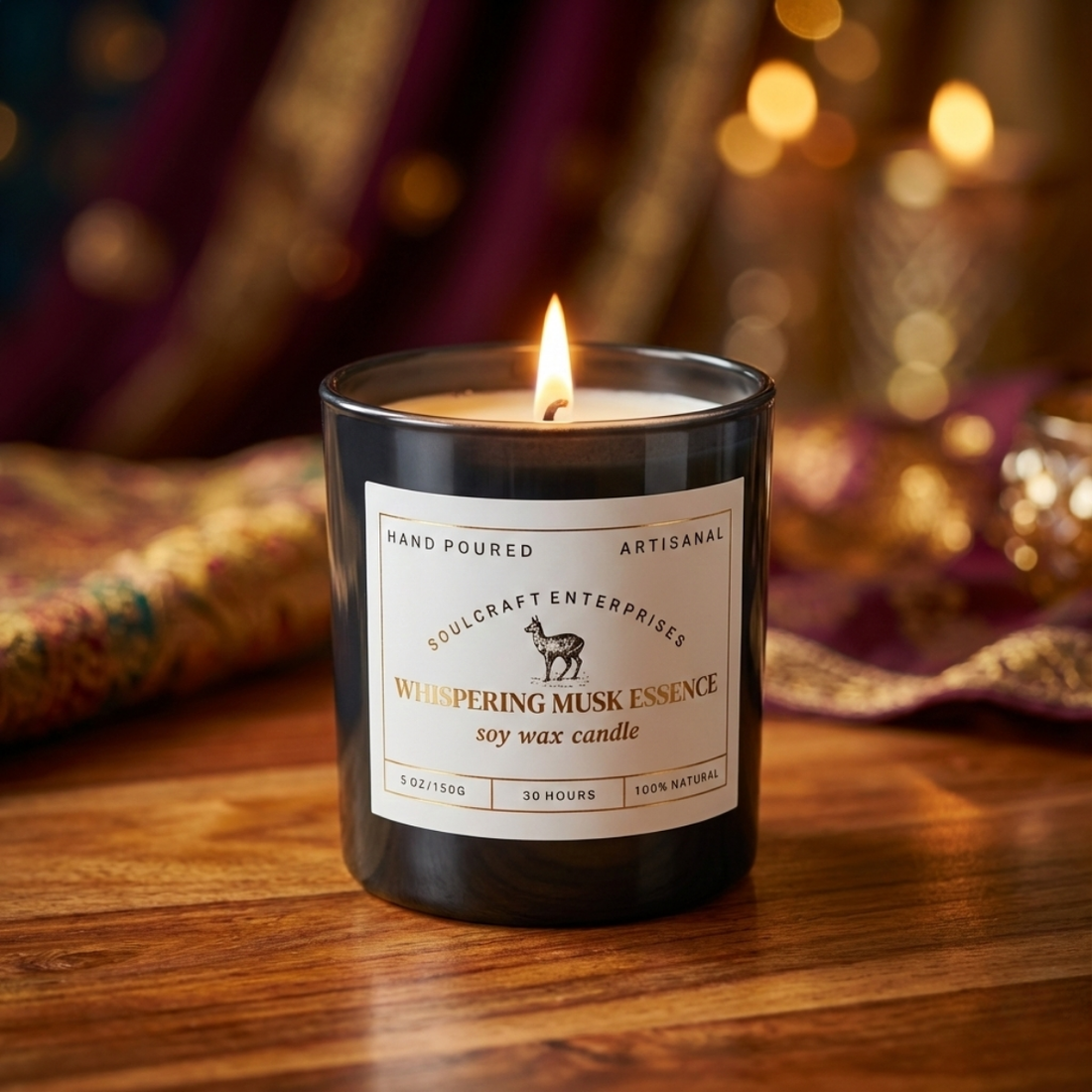 Candle with a label on a wooden surface, blurred lights in the background